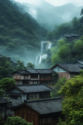 山林间有瀑布的古村落风景