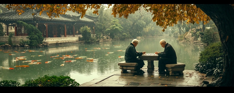 水边亭中两位老人对弈的悠闲场景