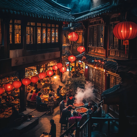 古色古香小巷内热闹的火锅聚餐场景