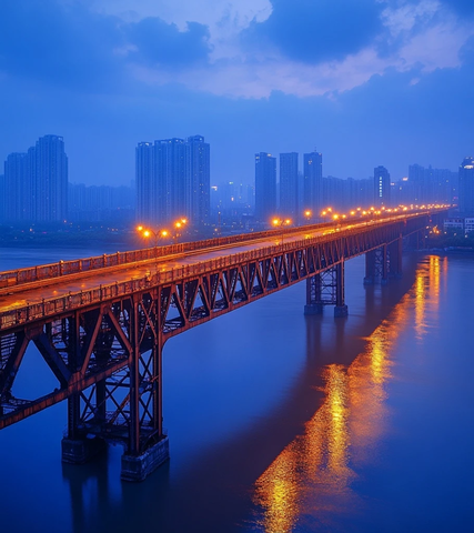 暮色下城市中灯火通明的大桥全景