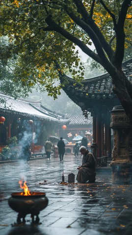 古寺庙中老人冒雨生火的宁静画面