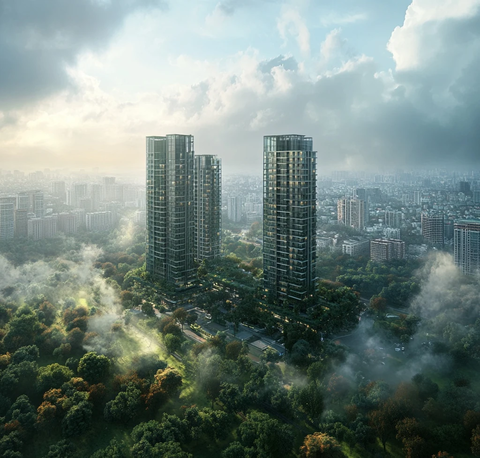 绿树环绕的现代城市高楼鸟瞰图