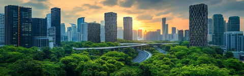 现代化都市与茂密树林的融合景象