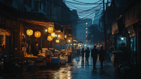 夜晚灯笼高挂的潮湿小巷