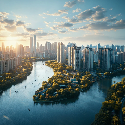 城市河流两岸高楼林立的风光全景