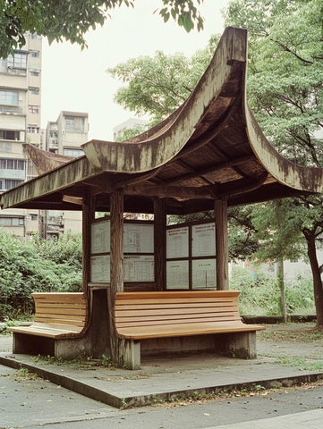 户外中式风格带长椅的亭子