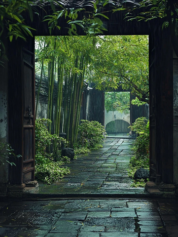 雨中竹林小径古色古香的庭院景致
