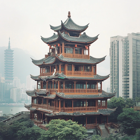 传统中式塔楼建筑全景