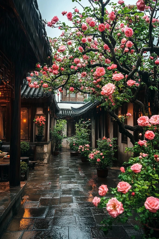 古宅雨巷中盛开着粉色花朵的景致