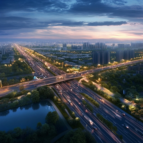 城市立交桥夜景流光溢彩的交通动脉