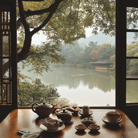 窗边赏湖景品茗茶的惬意生活