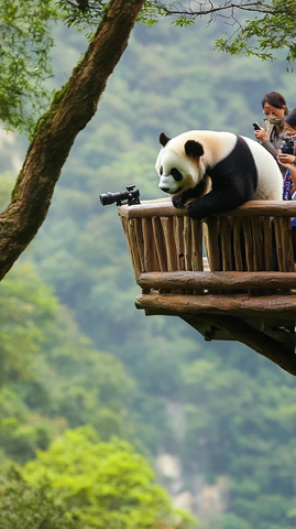 熊猫在木制观景台休憩被游客拍摄
