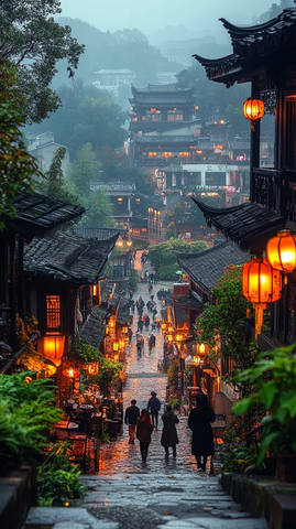 古街夜景灯笼高挂行人漫步氛围浓郁