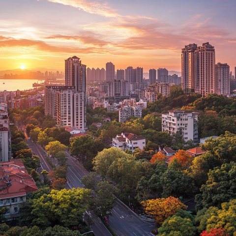 城市日暮下的高楼与绿化道路景观