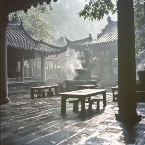 中式古建筑庭院内雾气缭绕的景象