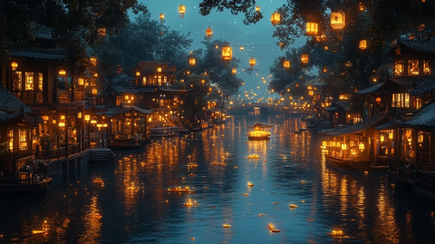 灯火通明的江南水乡夜景