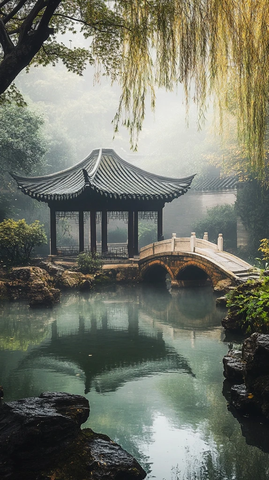 雾中古典园林小桥流水亭台相映成趣