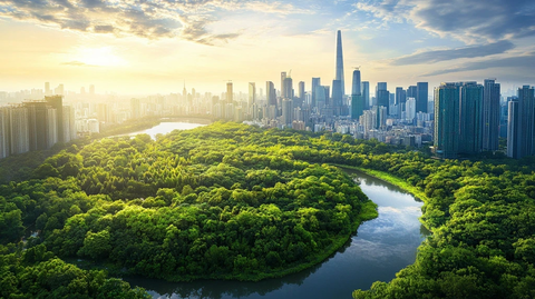 城市中的河流与绿地鸟瞰全景