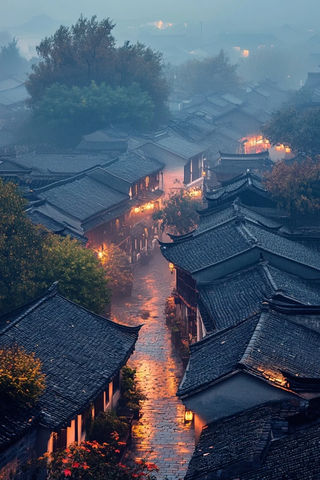 古色古香的江南小镇清晨全景