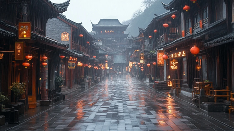 古街雨景灯笼高挂尽显中式建筑之美