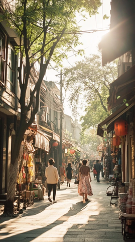 古街小巷中悠闲散步的行人
