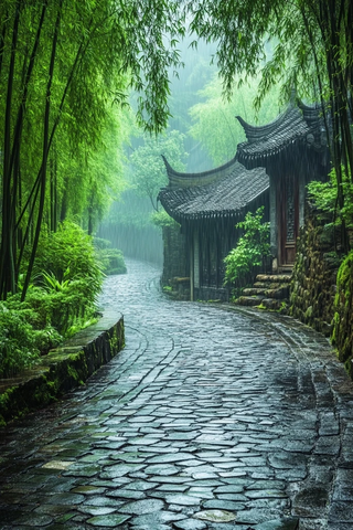 竹林中的石板路与古建筑景致