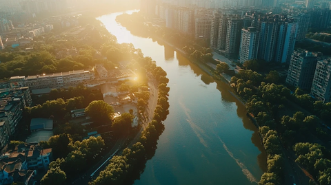城市河流两岸建筑鸟瞰全景