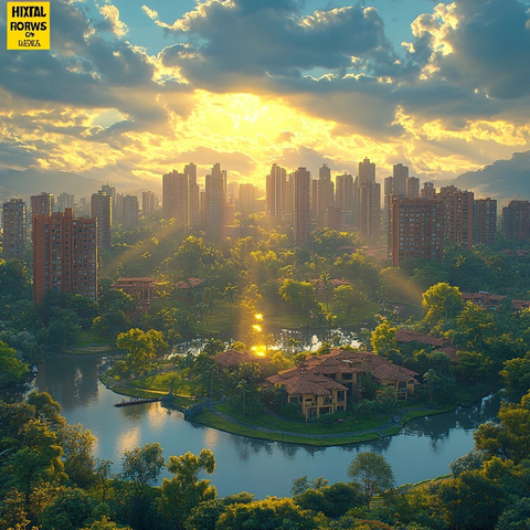 阳光照耀下的城市景观与河畔别墅群