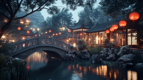 中式园林夜景红灯笼点缀的小桥流水