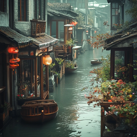 水乡古镇小船摇曳的唯美景象