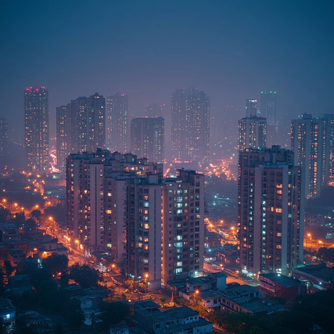 雾霭夜色下的城市灯火通明的高楼夜景