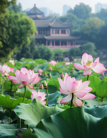 中式古建筑旁盛开的大片粉色荷花