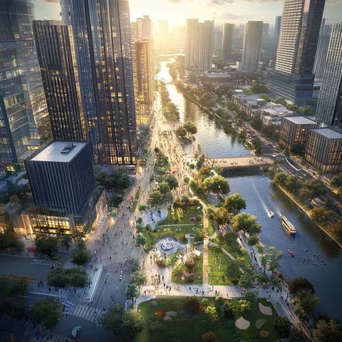 现代化都市滨水公园鸟瞰全景