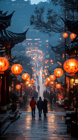 古街灯笼高挂行人漫步夜景美如画