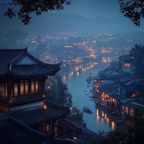 古色古香的水边小镇夜景俯瞰全景