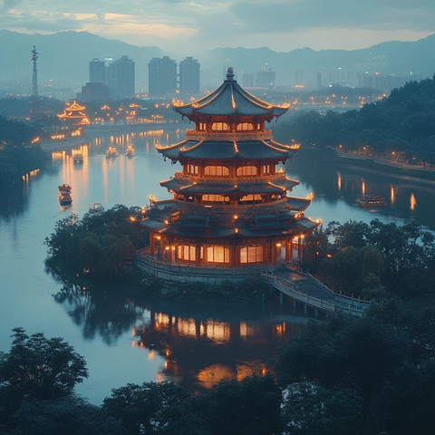 灯火辉煌的水边古楼阁夜景全景