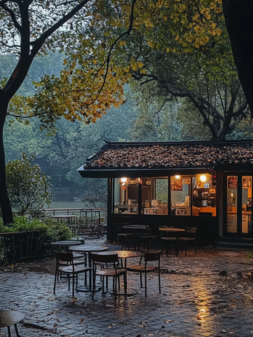 雨中树林里的小店外景