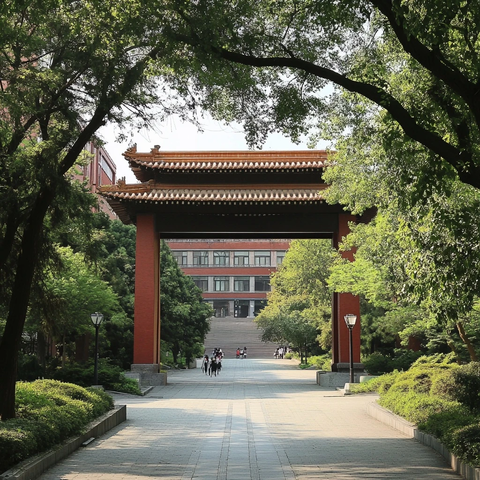 中式牌坊下的校园道路与行人