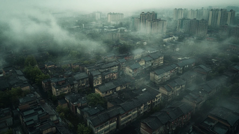 雾霭中的城市老旧小区与高楼的对比景象