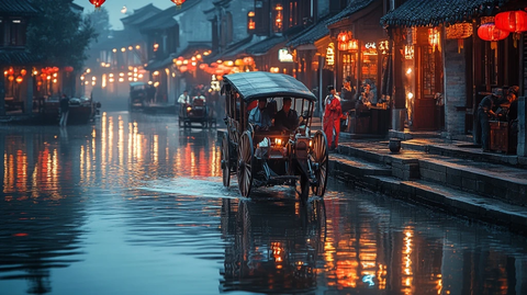 水乡古镇夜景下的马车