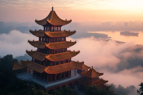 云雾中的多层古建筑塔楼全景