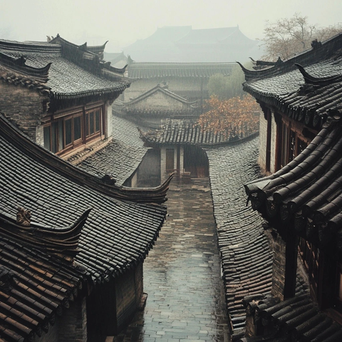 古色古香的中式建筑庭院雨景