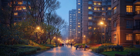 夜晚小区小径散步人群的温馨场景