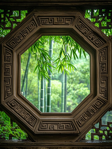 中式八角窗透出竹林美景
