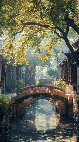 江南水乡古桥小河畔的传统建筑景致