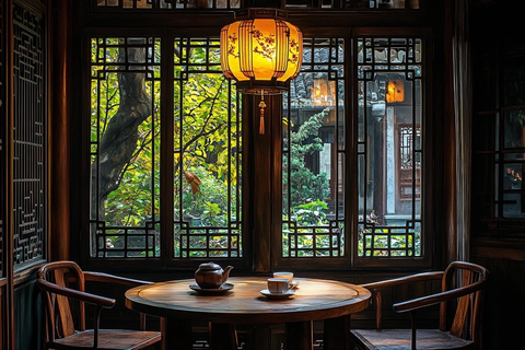 中式古典室内景古朴茶桌配雅致灯笼