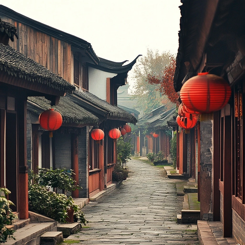 挂红灯笼的古街小巷石板路建筑景观