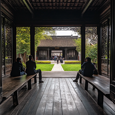 中式建筑内人们坐着赏景的画面