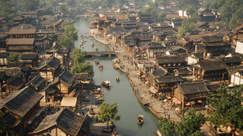 江南水乡古镇俯瞰全景