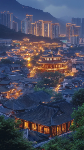 古建与现代建筑相映的城市夜景